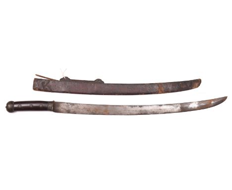 A Chinese sword, broad slightly curved wedge section blade 24”, brass mounted hilt with bulbous pommel and dark wood grips se