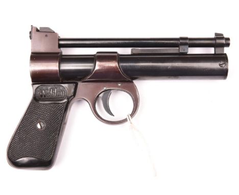 A good post 1958 .177” Webley Junior air pistol, batch number 1409, with frame stamp “A”, black bakelite grips, and adjustabl