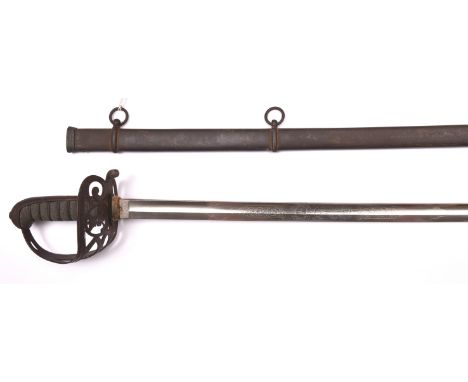 An 1827 pattern Rifle Regiment officer’s sword, plated 1845 pattern blade 31½”, etched with crowned VR, bugle and scrolled pa