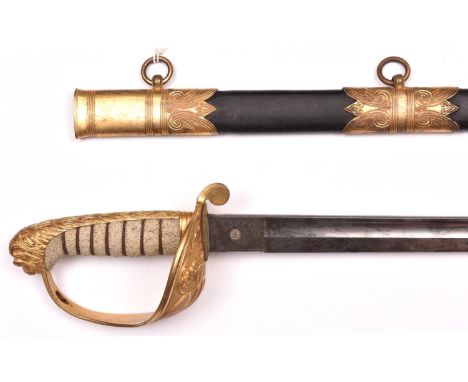 A Vic 1846 pattern Naval officer’s sword, blade 29” by Moore &amp; Jupp, London, etched with Royal Arms, crowned anchor, and 