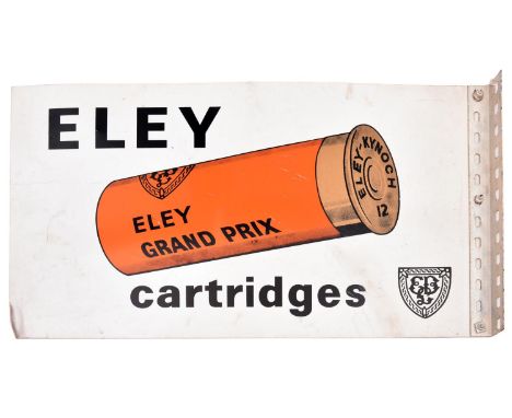 A double sided painted metal sign for Eley Grand Prix Cartridges, 22” x 12”, with angle iron bracket for wall mounting. GC (s