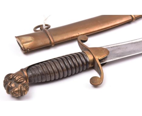 A short naval hanger, c 1820, curved flat blade 17½”, with back fuller, brass hilt with S shaped crossguard and langets, ribb