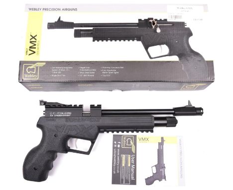 A .177” Webley VMX multi shot CO2 air pistol, number 2319210145015189F, of textured black plastic construction with 9 shot ma