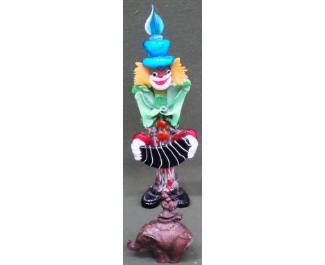Glass Murano clown, plus bronzed effect inkwell in the form of an Elephant from South India Both appear in reasonable used co