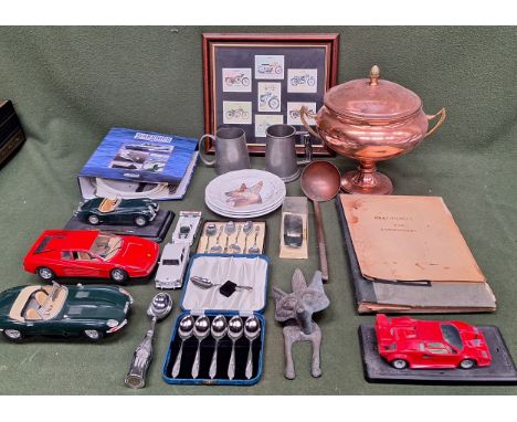 Sundry lot including trade cards, pewter tankard, model cars, copperware, flatware, scrap album, brass door knocker etc

All 