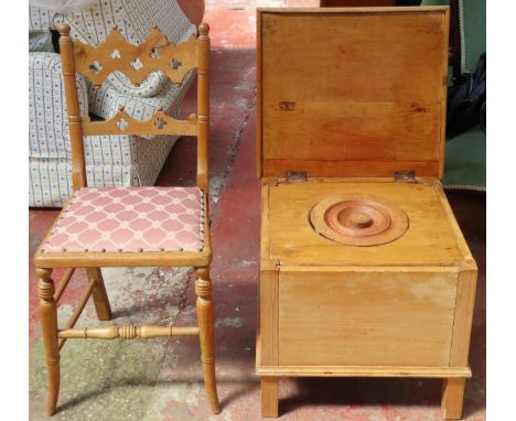 Gothic style single chair, plus stripped pine commode Both in used condition, unchecked
