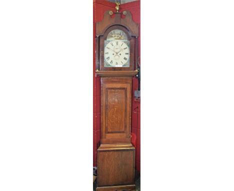 A George III oak and mahogany longcase clock, 30.5cm arched painted dial inscribed George Kiddle, Sherborne, Roman numerals, 