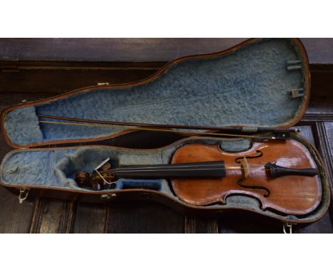 A violin, the one-piece back 35.6cm long excluding button, outlined throughout with purfling, 58.5cm long overall, cased, the