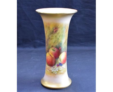 A Royal Worcester flared trumpet shaped vase, painted by Ricketts, signed, with ripe apples on a mossy bank, gilt border, 19c