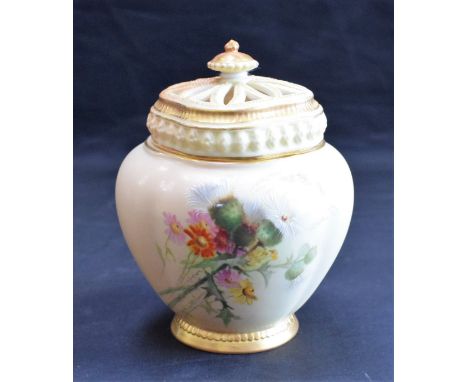 A Royal Worcester lobed pot pourri vase, inner cover and pierced cover, painted in the style of Edward Raby, with thistles, g