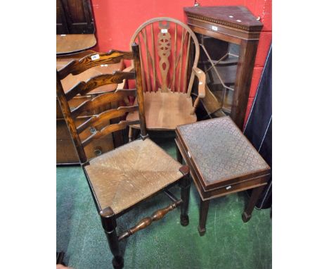 A Lancashire ladder back side chair; a piano stool; a glazed corner cupboard; a kitchen armchair (4)