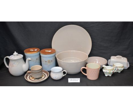 Ceramics - a Denby part tea service, comprising teapot, cups, saucers, etc; a Denby storage jar; another, similar; other Denb