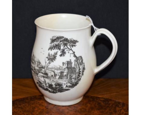 A Worcester 'The Windmill' pattern bell shaped medium mug, grooved handle, printed in monochrome after an engraving by Robert