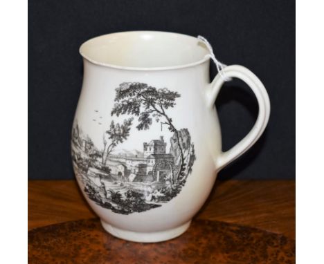 A Worcester 'The Windmill' pattern bell shaped medium mug, grooved handle, printed in monochrome after an engraving by Robert