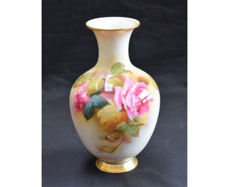 A Royal Worcester amphora shaped vase, painted by R Lewis, signed, with cabbage roses, gilt border, 19cm high, printed mark i