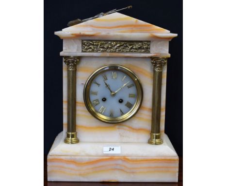 A 19th century French alabaster architectural mantel clock, in the classical taste, Roman numerals, twin winding holes, 37cm 