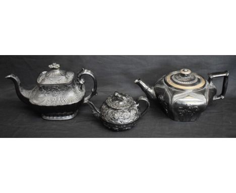 An English black salt glazed bachelor's teapot and cover, decorated in relief with acanthus scrolls, slightly domed cover, do