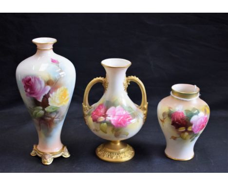 A Royal Worcester two handled vase, painted with cabbage roses, 14cm high, printed mark in puce, date code for 1916, shape no