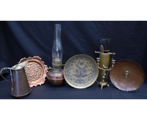 Metalware - a Benson patent brass and copper hot water jug, impressed marks, enamel lined; a hand hammered pixie bowl; a deco