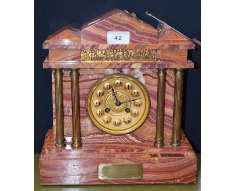 A 19th century French specimen marble architectural mantel clock, in the classical taste, 32cm high, c.1870 