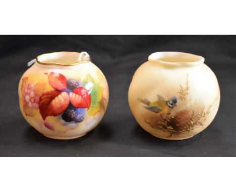 A Royal Worcester wrythen globular vase, painted by Kitty Blake, signed, with black berries and autumn foliage, 7.5cm high, c