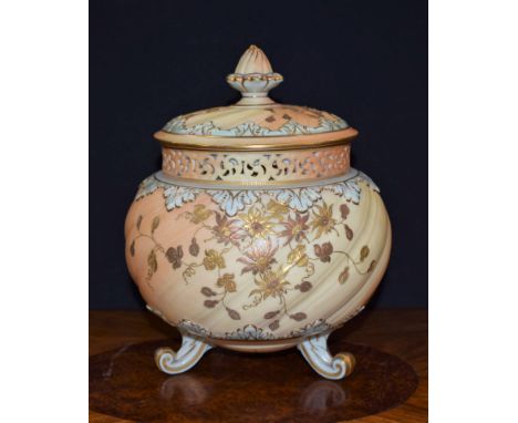 A Graingers Worcester globular pot pourri vase, inner cover and cover, decorated in gilt with flowers and foliage on a blush 