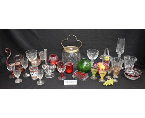 Glassware - an Edinburgh crystal miniature mantel clock, boxed; a pair 19th century glass obelisks; a cut glass biscuit barre