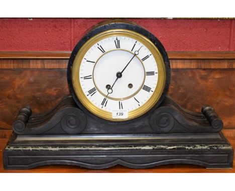 A 19th century specimen marble, black slate and ebonised drum mantel clock, 19cm white enamel chapter ring with Roman numeral