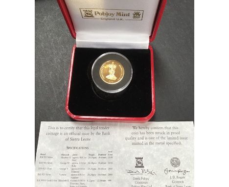 Bank of Sierra Leone .999 gold $50, highlights picked out with a diamond, Pearl, Ruby and Sapphire 6.22g.