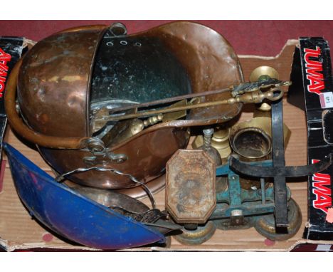 A box of assorted metalware to include; helmet scuttle, pan scale etc 