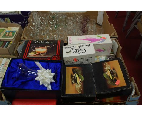 Two boxes of cased and loose glassware to include Buckingham sauce boat and ladle, Dartington avocado dishes, goblets, wine g