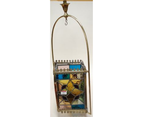 A brass ceiling pendant with lead light panels  Condition Report / Extra Information Dent to outside edge of brass frame
Old 