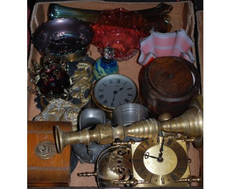 Assorted glassware to include; decanter and stopper, metalware, reproduction lantern clock, horse brasses etc 