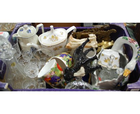 Box of mixed china and glassware to include French lead crystal decanter and glasses, Roy Kirkham Orchard cup and saucers, br