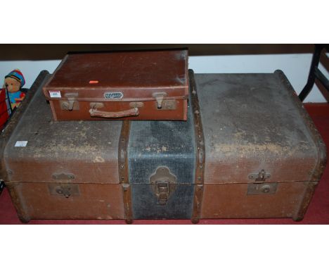 A 1920s canvas travelling trunk with brown leather suitcase (2) 