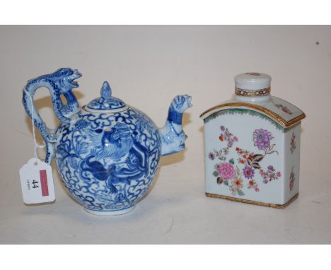 A modern Chinese export teapot and cover with underglaze blue decoration; and a Samson of Paris? tea caddy (2)  Condition Rep