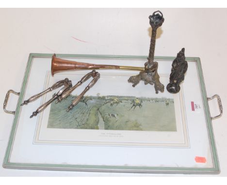 A Cecil Aldin printed tray, nutcrackers, small copper horn, candlestick etc 