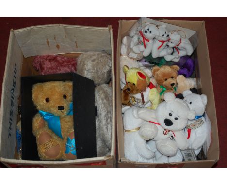 Two boxes of mixed soft plush teddybears to include; Merrythought London 2012 Olympic commemorative bear, Holy Bears, Chubbly