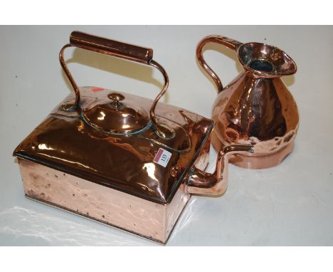 A Victorian copper range kettle of square section and a copper harvest jug (2) 