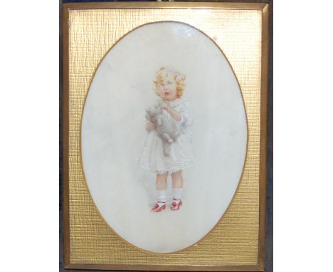 A late Victorian leather cased and brass framed portrait miniature depicting a young girl with teddy bear and wearing red sho