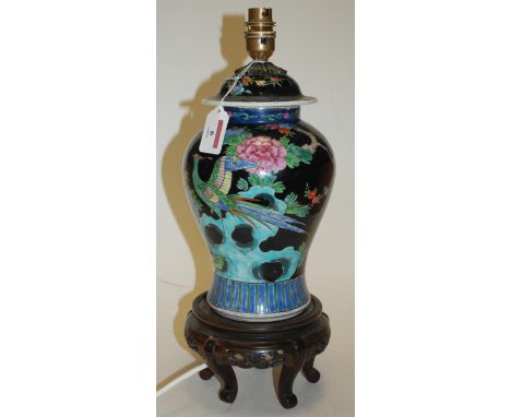 A Chinese enamel glazed stoneware table lamp, in the form of a baluster vase and cover