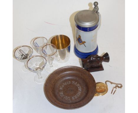 Mixed lot of Masonic regalia to include; glasses, ceramic tankard, Victorian silver beaker with gilt washed interior 