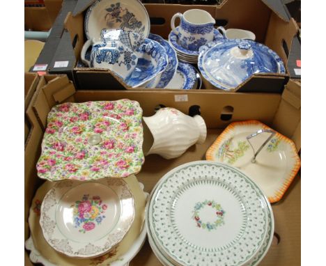 Three boxes of mixed china and glassware to include blue & white meat plates, tureens, jugs, Mintons Melbourne plates, wine g