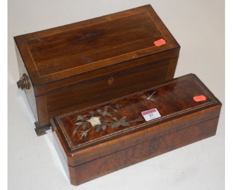 A 19th century mahogany and boxwood inlaid fitted tea caddy, and one other rosewood crossbanded and mother of pearl inlaid si