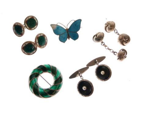 Selection of white metal and enamel jewellery to include; green enamel circular bar brooch stamped 925S, turquoise blue ename