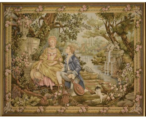 Late 20th Century tapestry style wall hanging depicting a courting couple in a classical landscape, 93cm x 121cm, framed  