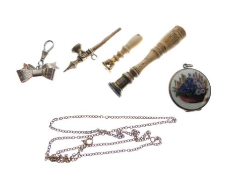 Three various desk seals to include; a hand clasping a staff, with bloodstone matrix, and two further turned bone-handled sea