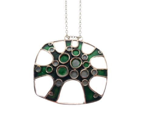 Norman Grant - 1970's silver and green enamel pendant of abstract design, Edinburgh 1976, 4.7cm wide, with belcher-link chain
