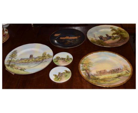 Royal Worcester - Three printed hand finished plates depicting Kenilworth Castle, Worcester Cathedral and Canterbury Cathedra