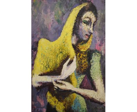 George Melhuish - Oil on canvas - Half-length portrait of a lady with a yellow shawl, 114cm x 77cm, signed  